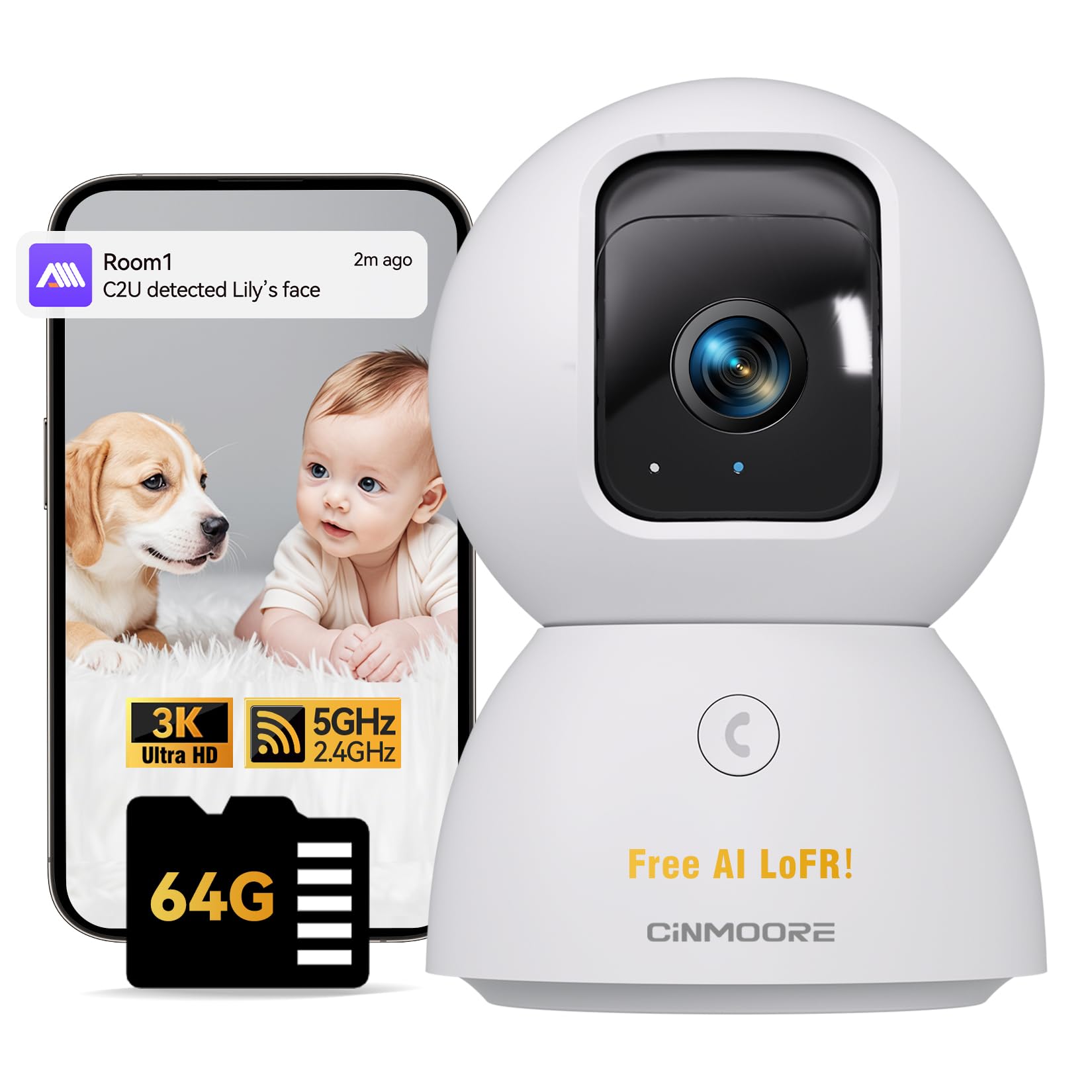 5G Security Camera Indoor, 3K Pet/Dog Camera with Speaker/Phone App, PTZ WiFi Baby Monitor Cameras for Home Security, 0-Glow Night Vision 2-Way Talk, AI Tracking Facial Recognition Time Lapse