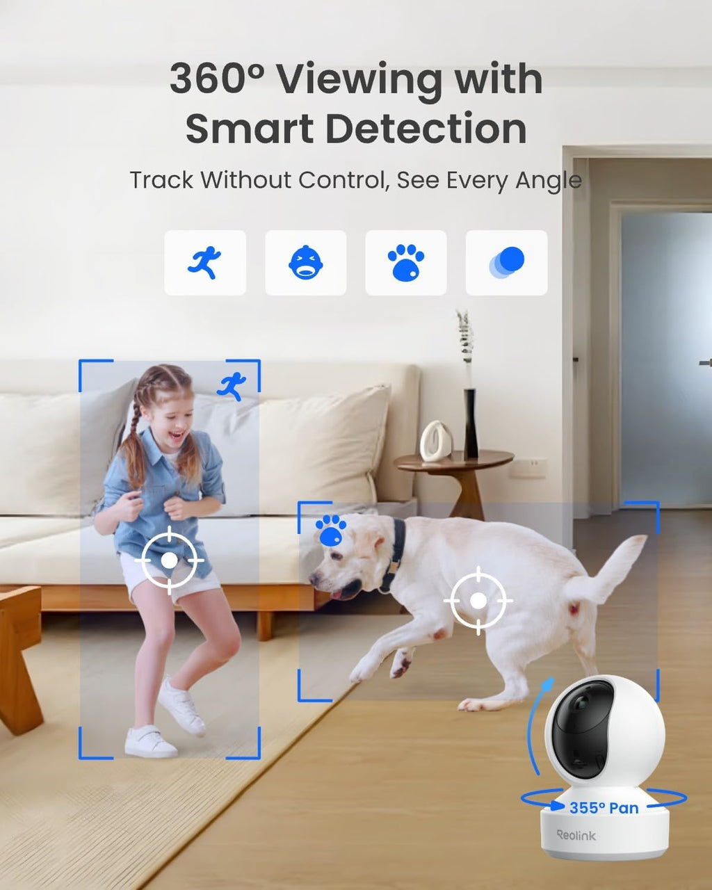Reolink E1 Pro PT Wi-Fi Indoor Camera for Baby & Pet Monitoring, Auto Tracking, 3K 5MP Night Vision Enhanced by F1.6 Aperture, Person/Pet/Baby Crying Detection, 2.4/5GHz Wi-Fi, Two-Way Audio