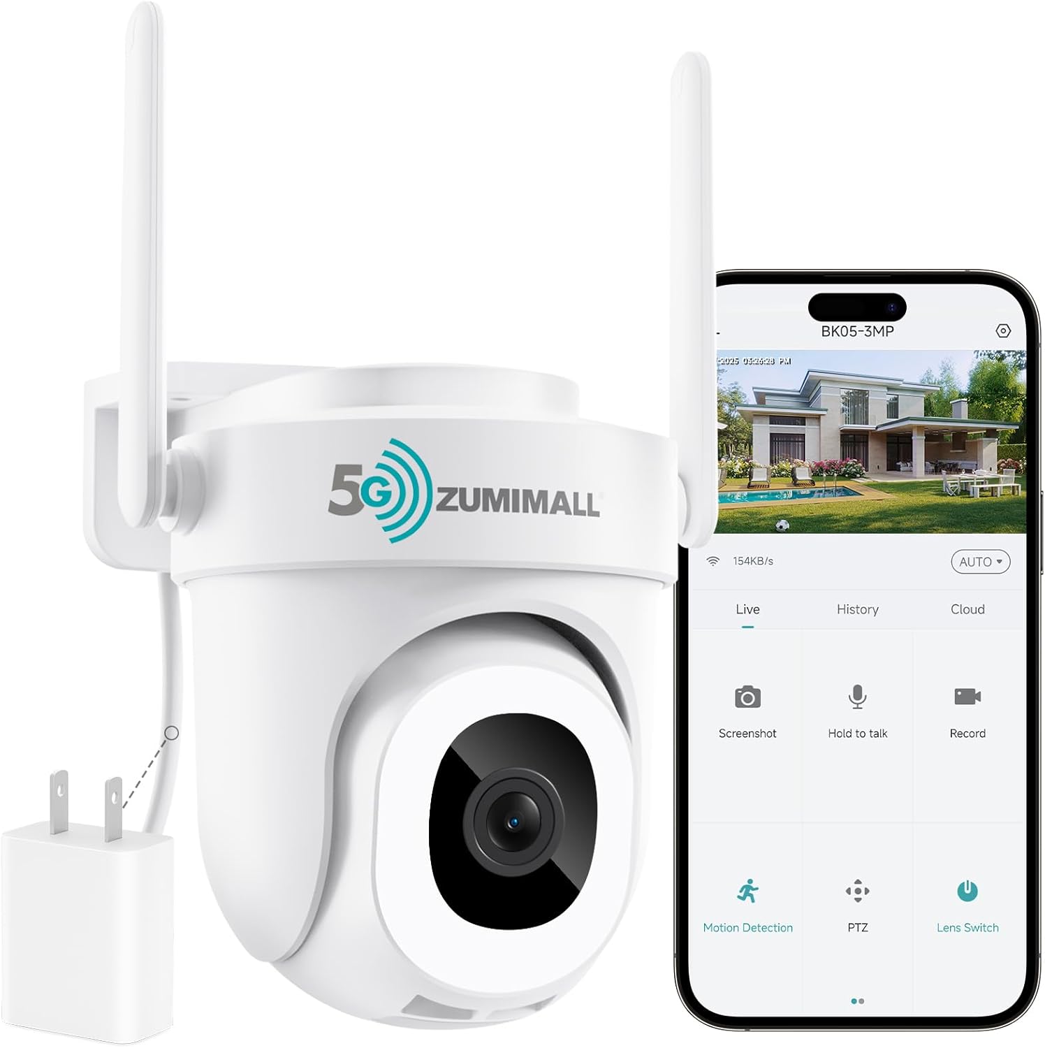 ZUMIMALL 2K 3MP Wired Camera for Home Security, 2.4G/5G WiFi Security Camera Outdoor, 24/7 Recording, AI Motion Detection, Cloud & SD Card Storage, 2-Way Audio, 360° PTZ Auto Tracking, Work with Alexa