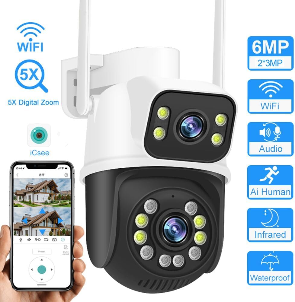 PTZ 2.4G/5G WiFi Outdoor security wireless 2X3MP Dual Lens Linkage Human Detect Pan tilt Digital zoom Auto Tracking Home Surveillance Camera 2-way audio color night vision ICsee &3M cable to yr outlet