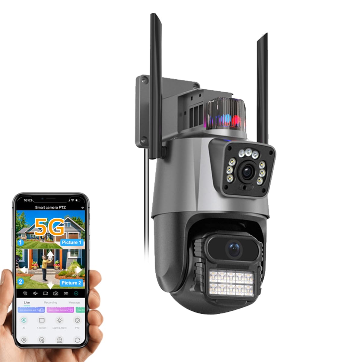PTZ 2.4G/5G WiFi Outdoor security wireless 2X3MP Dual Lens Linkage Human Detect Pan tilt Digital zoom Auto Tracking Home Surveillance Camera 2-way audio color night vision ICsee &3M cable to yr outlet