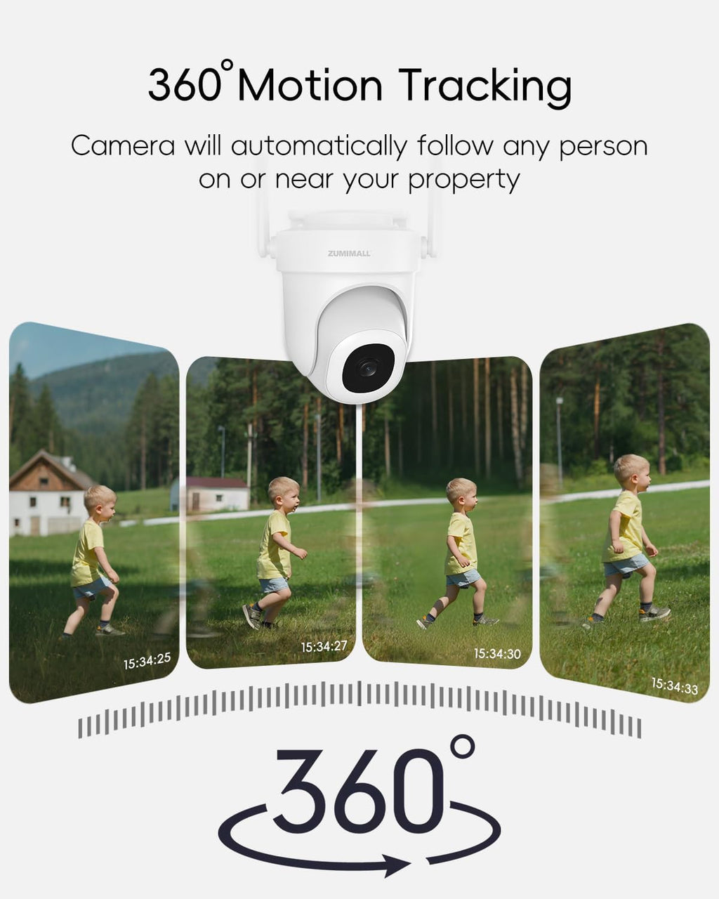 ZUMIMALL 2K 3MP Wired Camera for Home Security, 2.4G/5G WiFi Security Camera Outdoor, 24/7 Recording, AI Motion Detection, Cloud & SD Card Storage, 2-Way Audio, 360° PTZ Auto Tracking, Work with Alexa