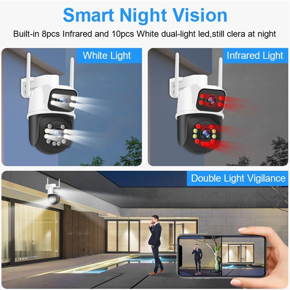 PTZ 2.4G/5G WiFi Outdoor security wireless 2X3MP Dual Lens Linkage Human Detect Pan tilt Digital zoom Auto Tracking Home Surveillance Camera 2-way audio color night vision ICsee &3M cable to yr outlet