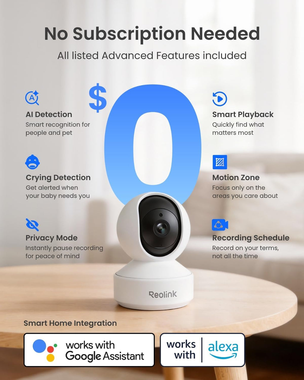 Reolink E1 Pro PT Wi-Fi Indoor Camera for Baby & Pet Monitoring, Auto Tracking, 3K 5MP Night Vision Enhanced by F1.6 Aperture, Person/Pet/Baby Crying Detection, 2.4/5GHz Wi-Fi, Two-Way Audio