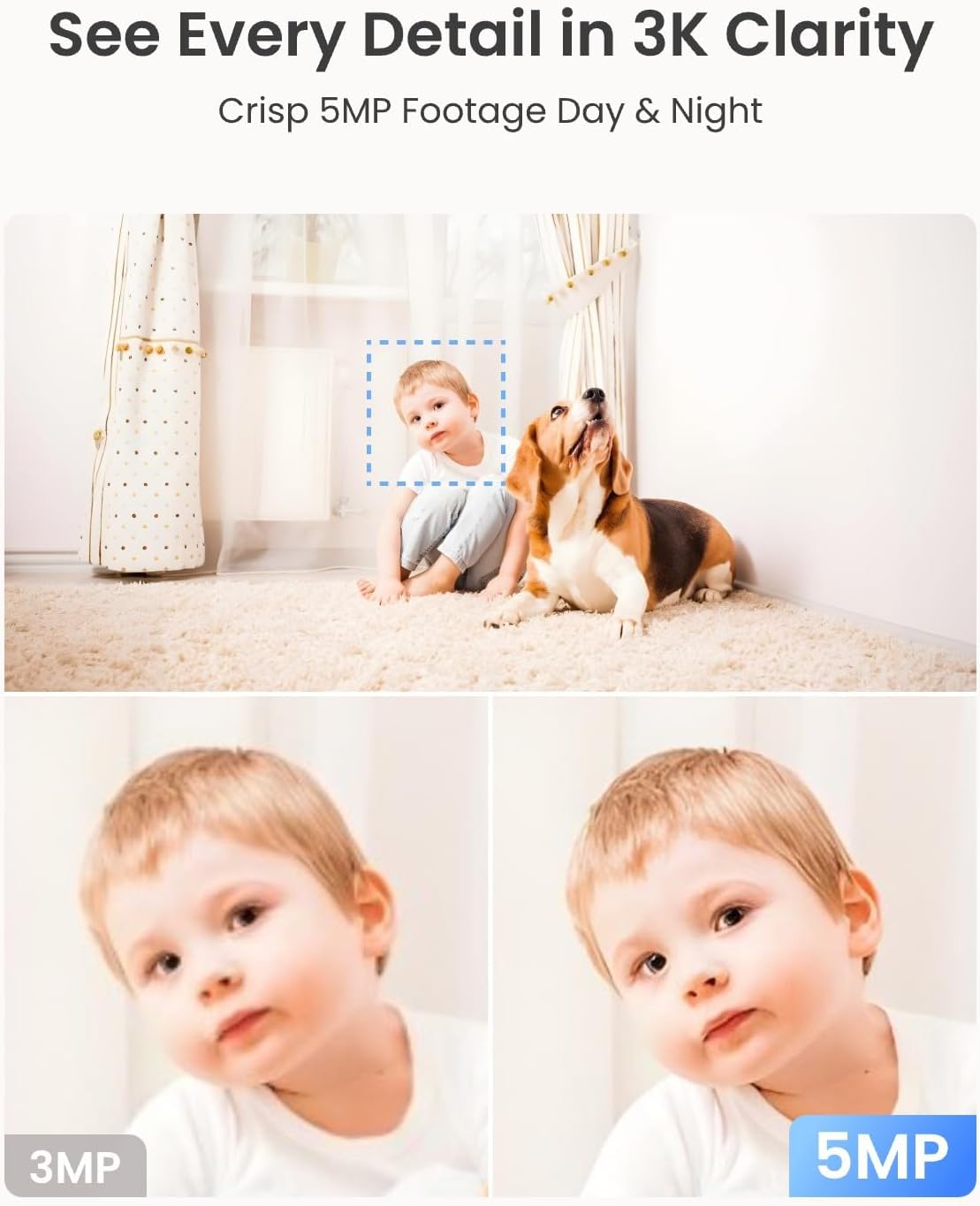 Reolink E1 Pro PT Wi-Fi Indoor Camera for Baby & Pet Monitoring, Auto Tracking, 3K 5MP Night Vision Enhanced by F1.6 Aperture, Person/Pet/Baby Crying Detection, 2.4/5GHz Wi-Fi, Two-Way Audio