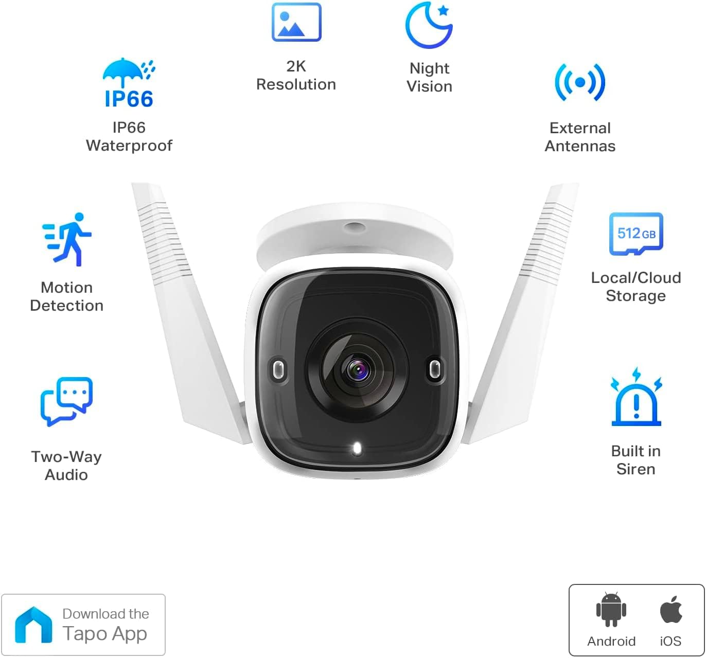 Tapo TP-Link 2K Security Camera Outdoor Wired, IP66 Weatherproof, Motion/Person Detection, Built-in Siren w/Night Vision, Cloud/SD Card Storage, 2-Way Audio, Works w/Alexa & Google Home C310