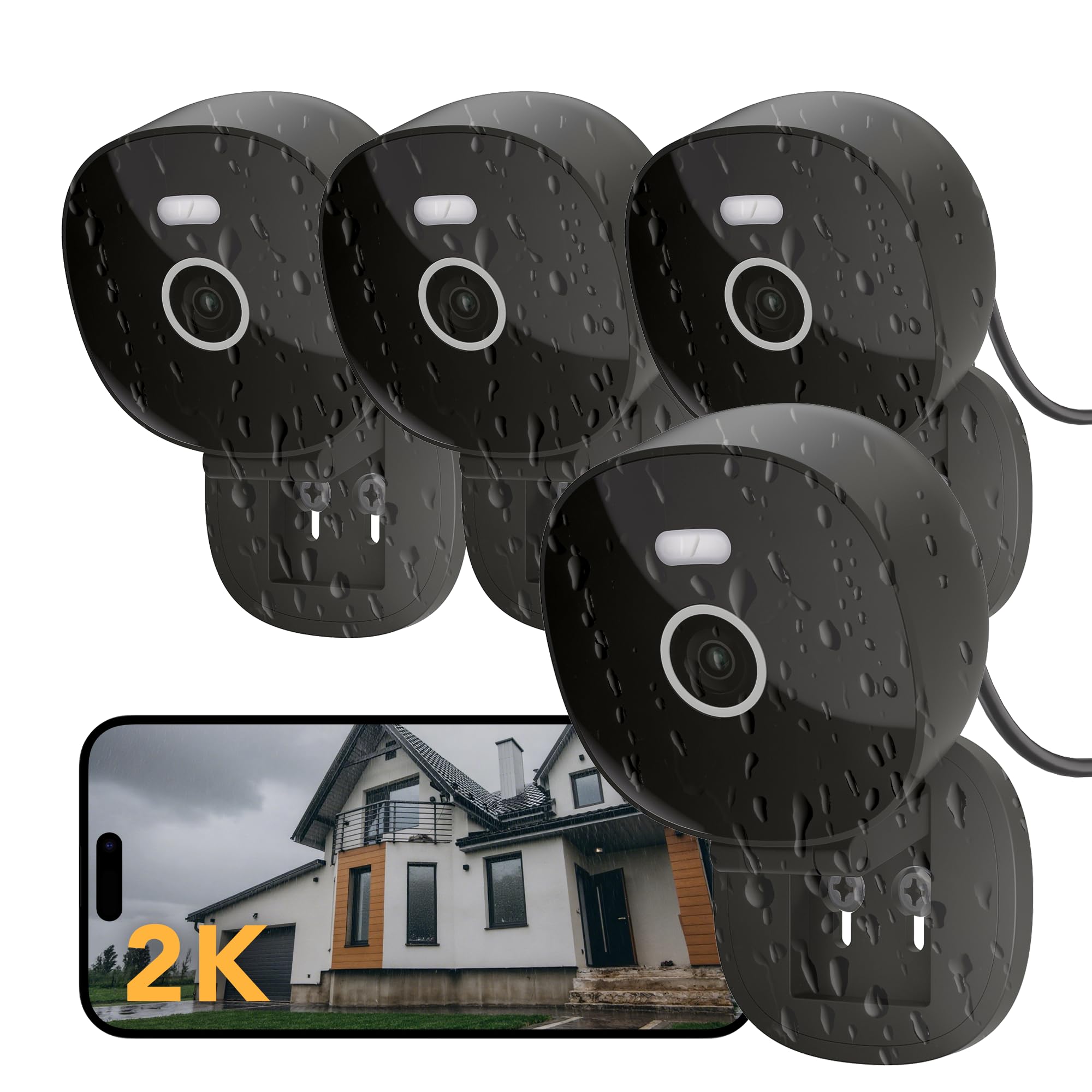 2K Wired Security Camera, Indoor/Outdoor for Home, Pet, Baby, Nanny, IP65 Waterproof Color Night Vision, White Light & Siren, Recording, Motion Detection, Works with Alexa,Pulg in, Black-4P