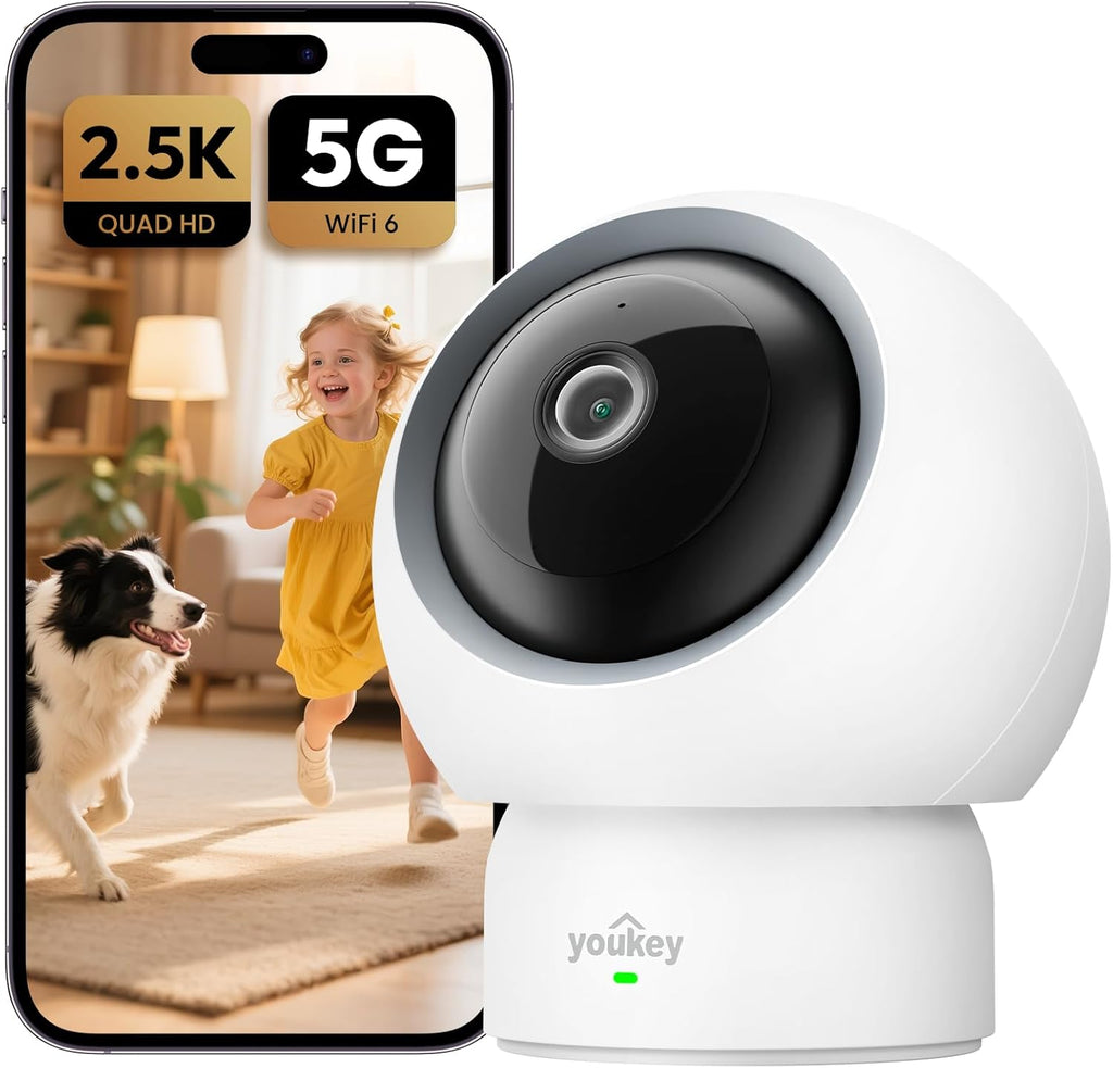 youkey 2.5K Indoor Camera, No Monthly Fees, Pan-Tilt, 360° Dog/Pet Camera for Home Security with Phone App, 5G/2.4G WiFi 6, Human/Pet/Baby Crying Detection, Auto Tracking, Two-Way Audio, Night Vision