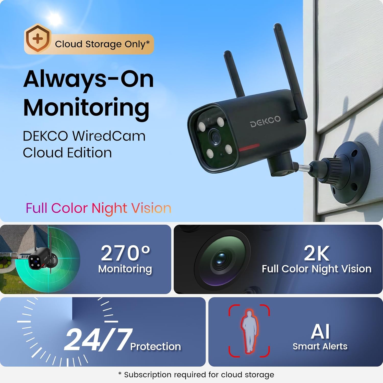 DEKCO Wired 2K Security Camera Outdoor, 180° Pan & 270° Coverage, 24/7 Constant Power Surveillance, Full Color Night Vision, AI Human Detection, Cloud Storage Edition, Spotlight & Siren