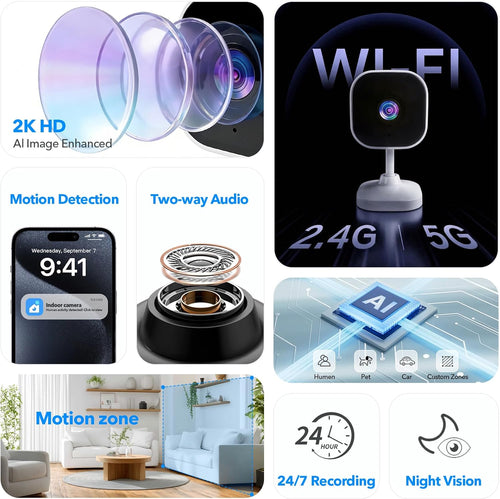 2K Cameras for Home Security Dual-Band 5G/2.4GHz WiFi Indoor Camera Baby Monitor & Pet Camera for Dog Cat Elder AI Motion Detect 2-Way Audio Night Vision 24/7 Local Recording SD Cloud Storage 2 Pack