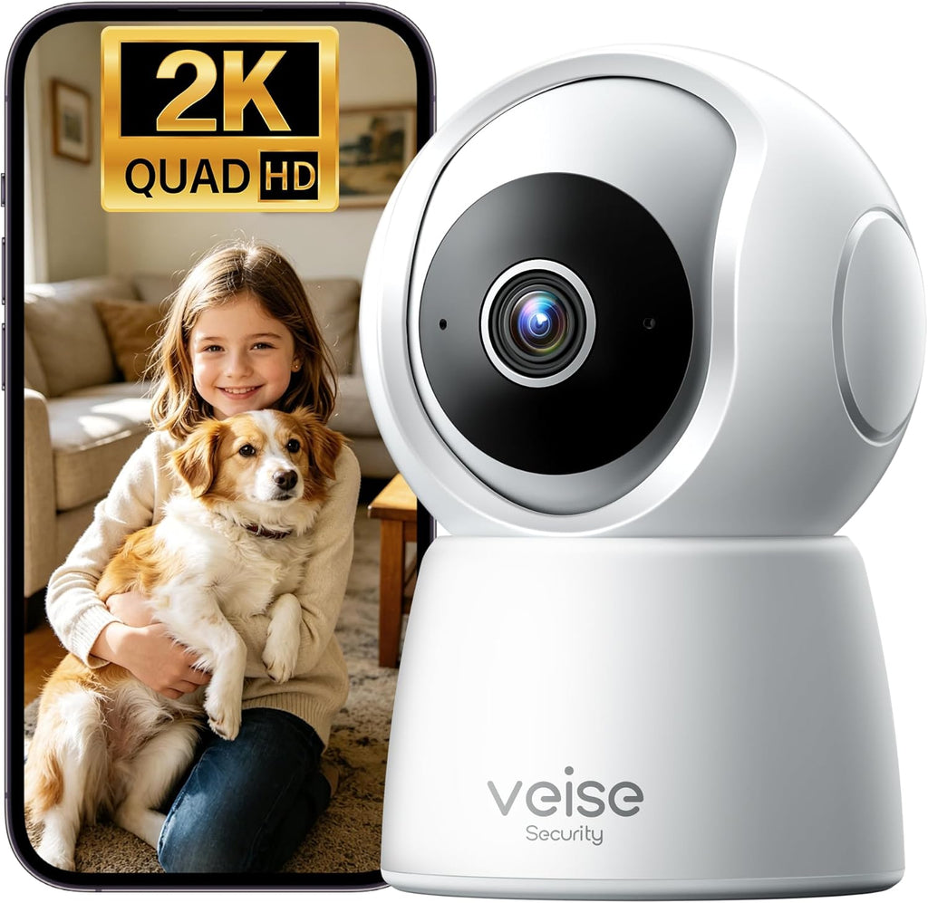 Veise 2K Indoor Camera for Home Security, 360° Wireless WiFi Pet & Baby Monitor with Phone App, AI Motion Detection, 2-Way Audio, Night Vision, SD/Cloud Storage, Works with Alexa & Google Home, 2.4GHz