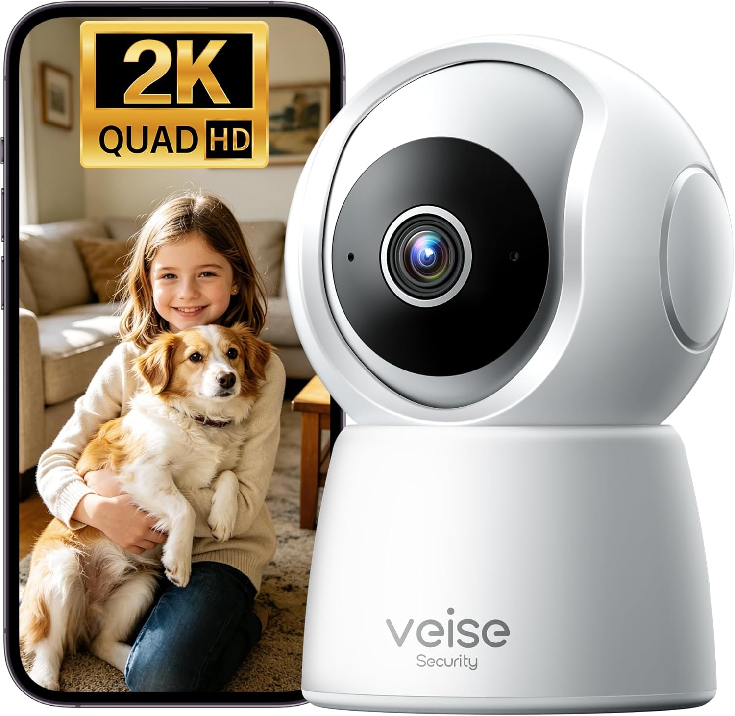 Veise 2K Indoor Camera for Home Security, 360° Wireless WiFi Pet & Baby Monitor with Phone App, AI Motion Detection, 2-Way Audio, Night Vision, SD/Cloud Storage, Works with Alexa & Google Home, 2.4GHz