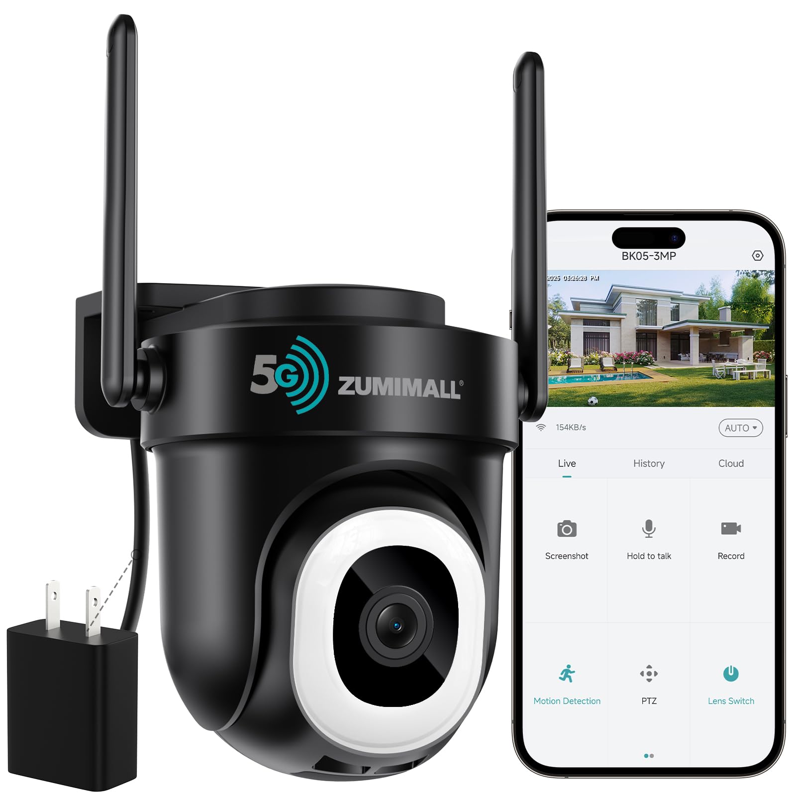 ZUMIMALL 2K 3MP Wired Camera for Home Security, 2.4G/5G WiFi Security Camera Outdoor, 24/7 Recording, AI Motion Detection, Cloud & SD Card Storage, 2-Way Audio, 360° PTZ Auto Tracking, Work with Alexa