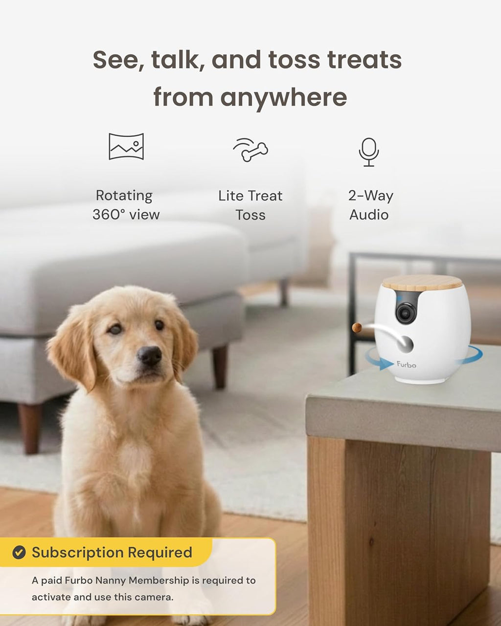 Furbo Mini 360° [Subscription Required] New 2K QHD Pet Camera - Unlock w/Paid Plan: Dog & Cat Safety Alerts, Rotating Treat Toss, 2-Way Speaker (Low Risk, 3mo Min. Cancel Anytime)