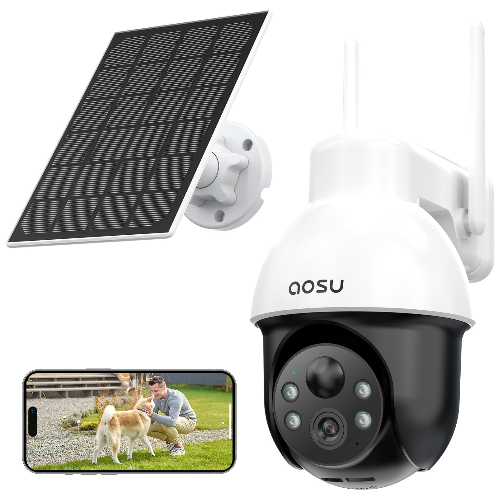 aosu 3K/5MP Solar Security Cameras System Wireless Outdoor, Battery Powered WiFi Camera for Home Security, Panoramic PTZ, Auto Tracking, Human/Vehicle Detection, Color Night Vision (2 Pack)