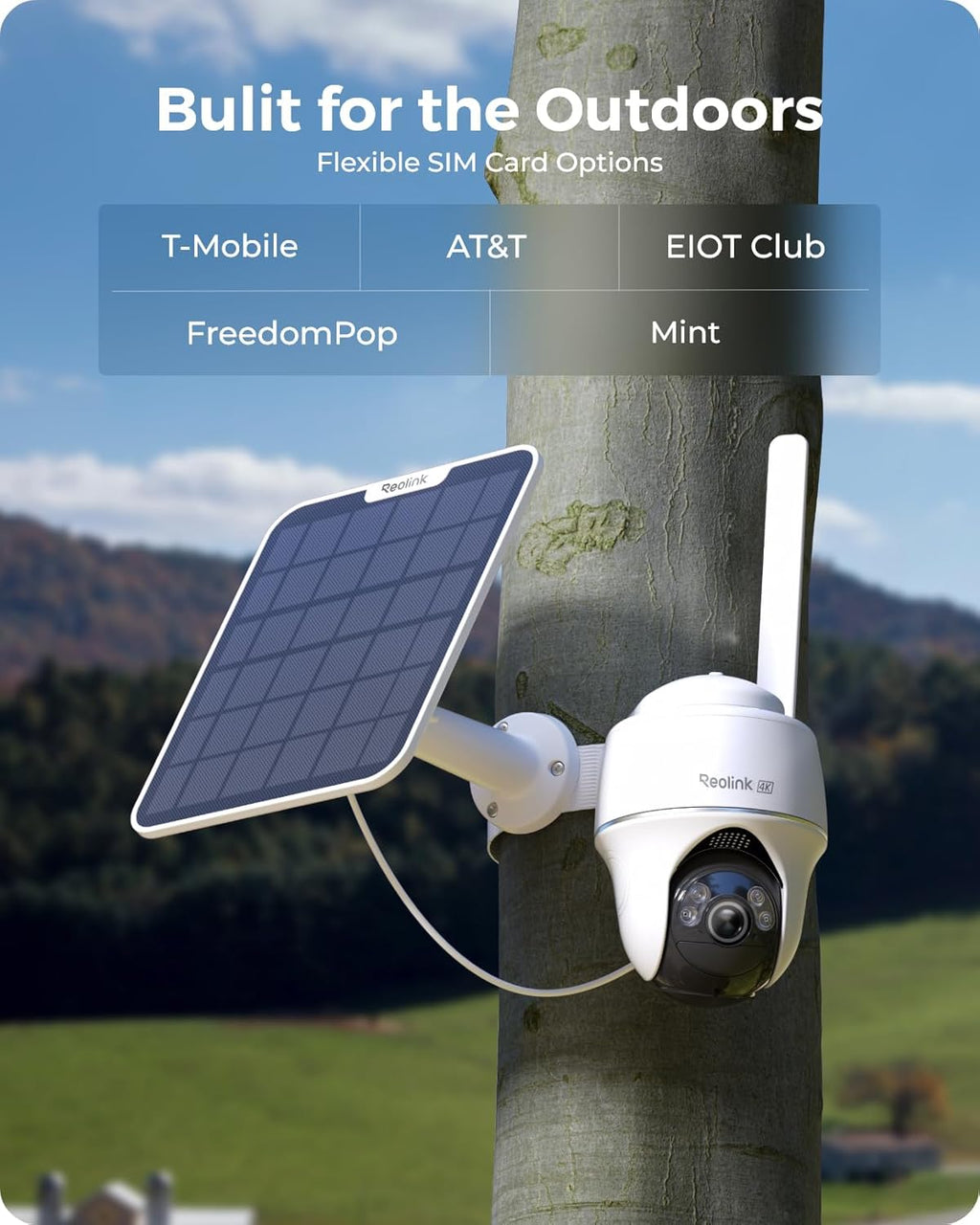 REOLINK 4K LTE Cellular Security Camera Wireless Outdoor, No WiFi 3G/4G Solar Powered, 360 Auto Tracking AI Detection, Color Night Vision, max. 512G Local Storage, SIM Card Included, Go PT Ultra+SP2