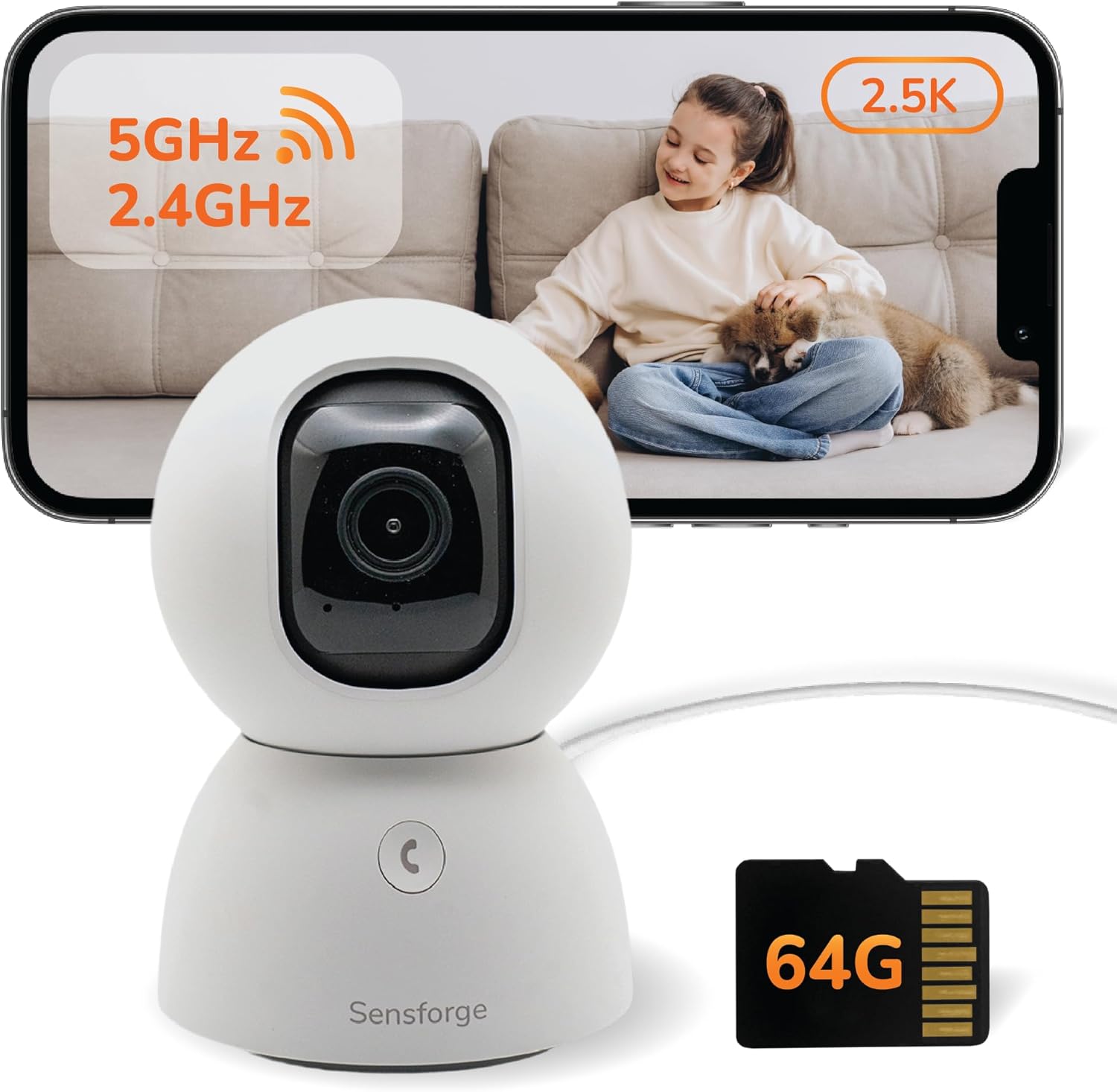 SensForge 2.5K Pan-Tilt Security Camera, 360° Dual-Band WiFi Camera for Home, Free AI Human & Pet Detection, 2-Day Cloud + 64GB SD Storage, Two-Way Talk, Optional AI + Storage Upgrade (1, White)
