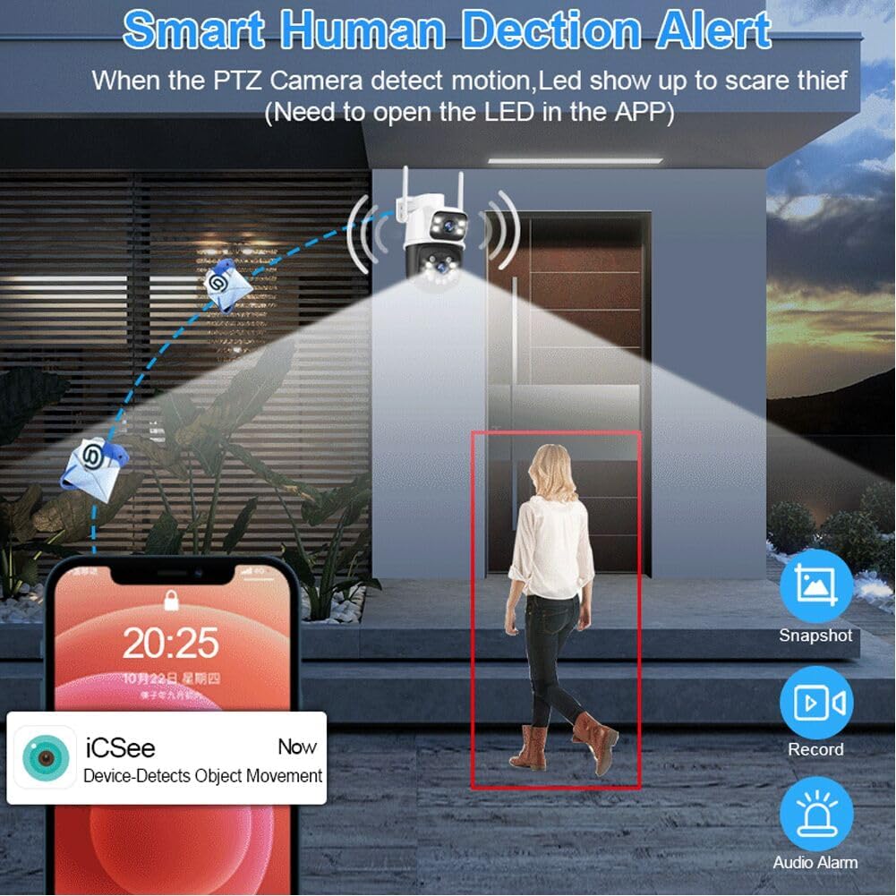 PTZ 2.4G/5G WiFi Outdoor security wireless 2X3MP Dual Lens Linkage Human Detect Pan tilt Digital zoom Auto Tracking Home Surveillance Camera 2-way audio color night vision ICsee &3M cable to yr outlet