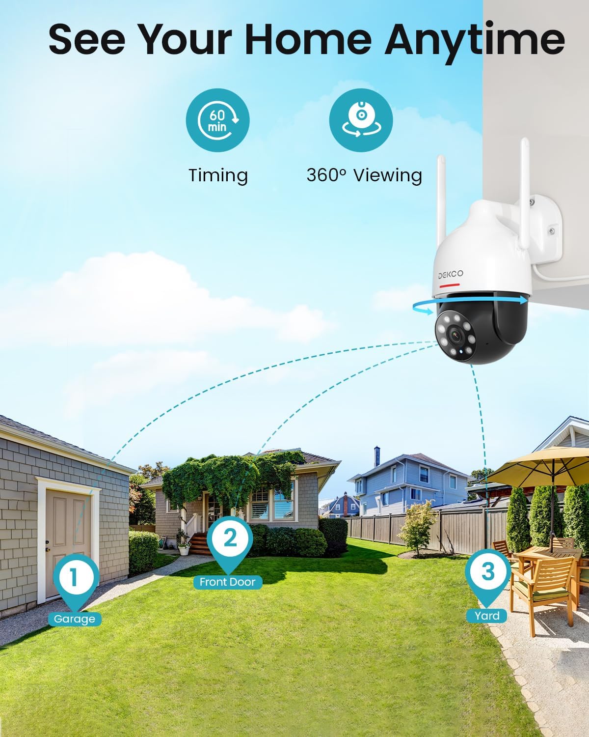 DEKCO 2K Security Camera Outdoor 2Packs, WiFi Outdoor Security Cameras Pan-Tilt 360° View, 3MP Surveillance Cameras with Motion Detection and Siren, 2-Way Audio, Full Color Night Vision, Waterproof