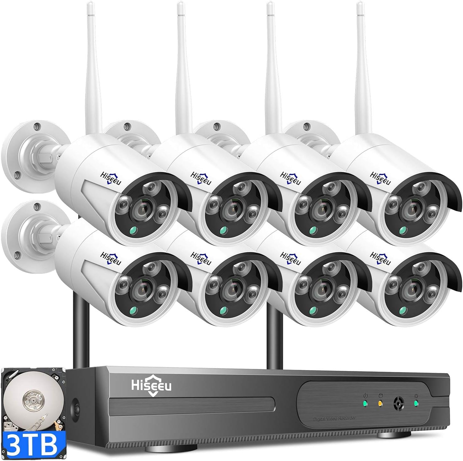 [100ft] Hiseeu Wireless WiFi Security Camera System, Wired Plug-in Powered, Expandable 16CH 4K NVR, 4Pcs 3MP Night Vision Cameras Home Surveillance Outdoor, Motion Detection, 1TB HDD, One-Way Audio