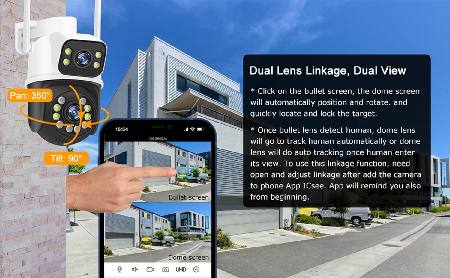 PTZ 2.4G/5G WiFi Outdoor security wireless 2X3MP Dual Lens Linkage Human Detect Pan tilt Digital zoom Auto Tracking Home Surveillance Camera 2-way audio color night vision ICsee &3M cable to yr outlet