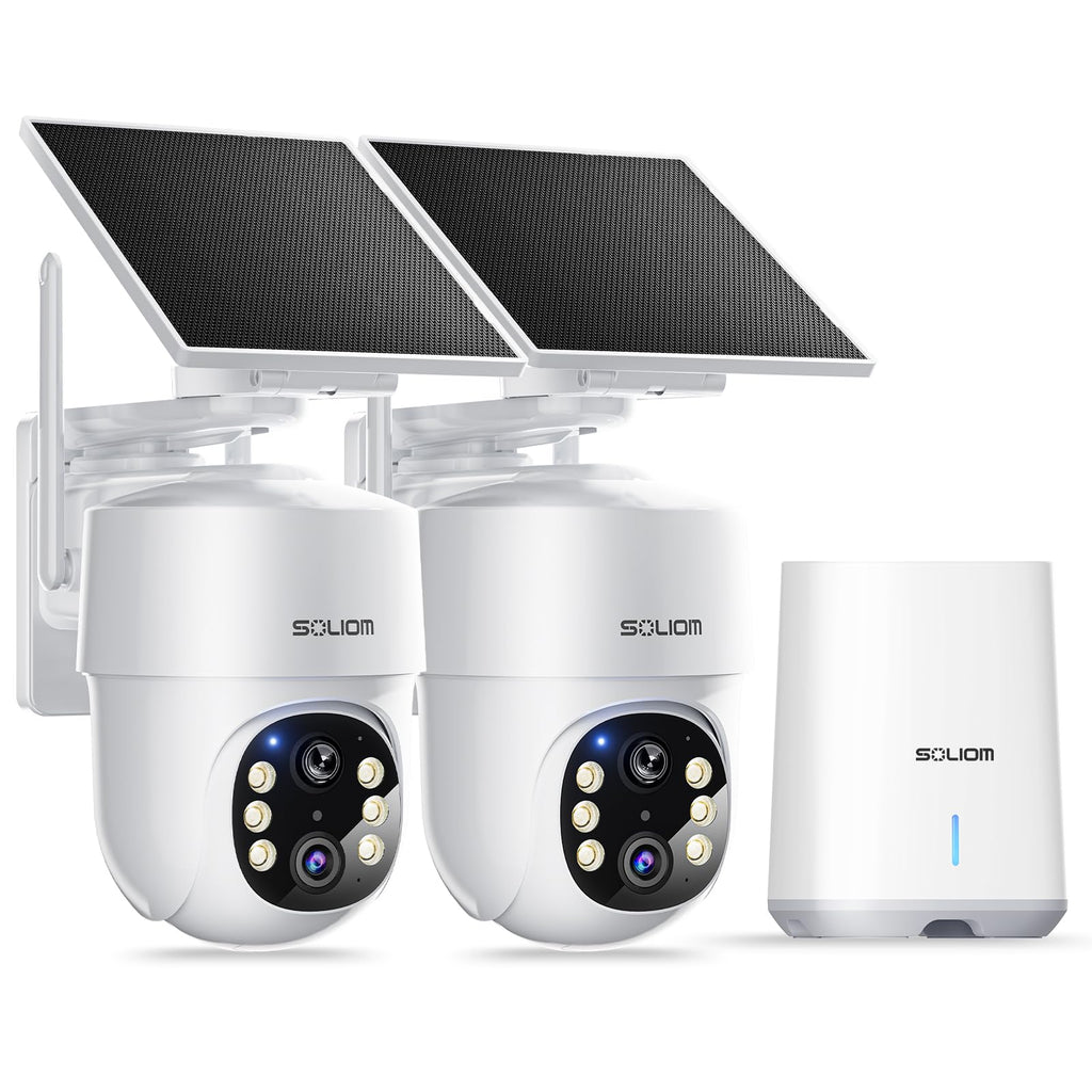 SOLIOM- 5MP Security Cameras Wireless Outdoor, No Subscription & Solar Powered,4-Cam Pack Cameras for Home Security with 360° Auto Motion Tracking, 3K Color Night Vision,5G & 2.4G Router Compatible
