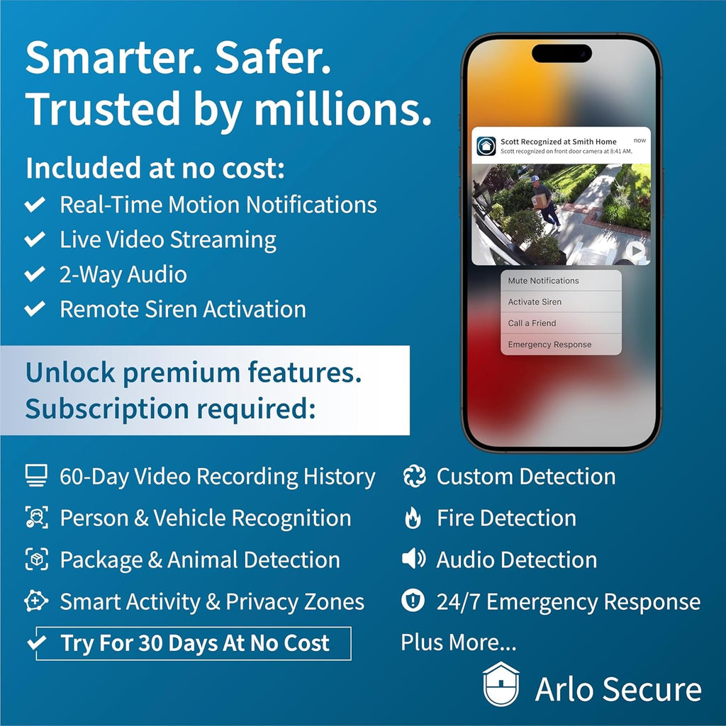 Arlo Essential Security Cameras Wireless Outdoor 2K (2nd Gen, 2023 Release) - Battery Power, Person Recognition, Package Detection, Animated Preview, 1-Month Trial of Secure Plan, 1 Cam, White